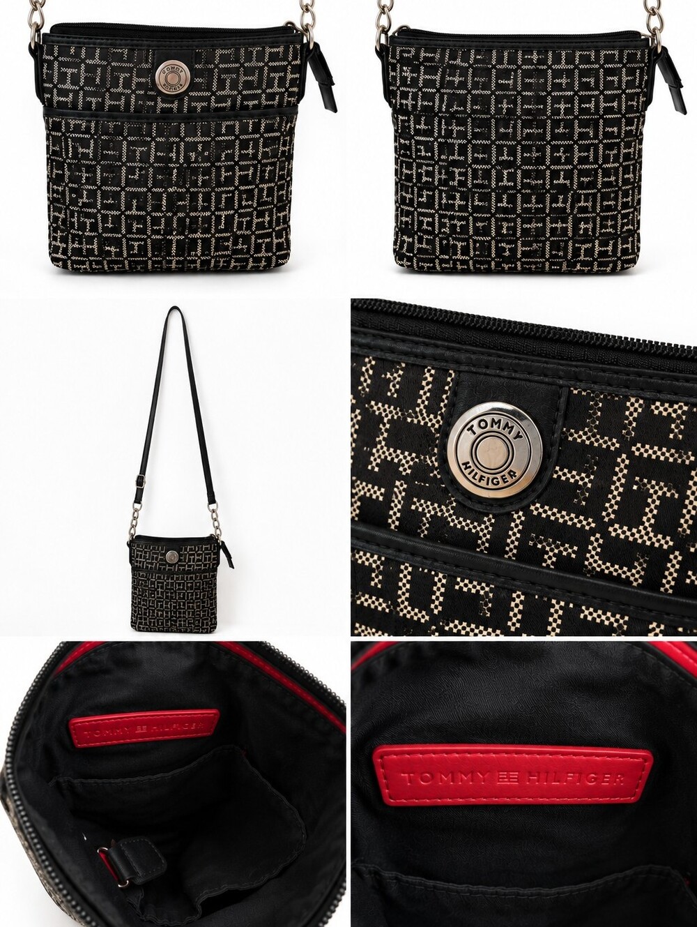 Tommy Hilfiger Julia Black & Ivory Monogram Crossbody Bag Adjustable Strap.